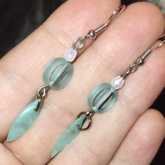 Turquoise Color Blue Bead and Shell with Genuine Rose Quartz Hook Earrings - Picture 1 of 3